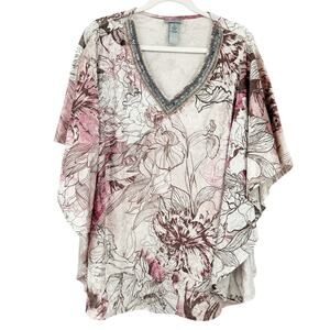 Catherines Womens Lagenlook Beaded Sequin Velvet Batwing Floral Blouse Top‎ 2X